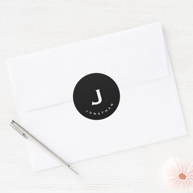 Sticker Rond Monogramme classique noir minimal (Enveloppe)