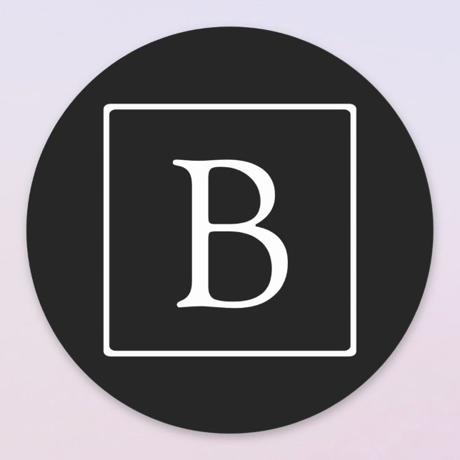 Sticker Rond Monogramme Classique Simple | Noir avec Texte Blan (Créateur téléchargé)