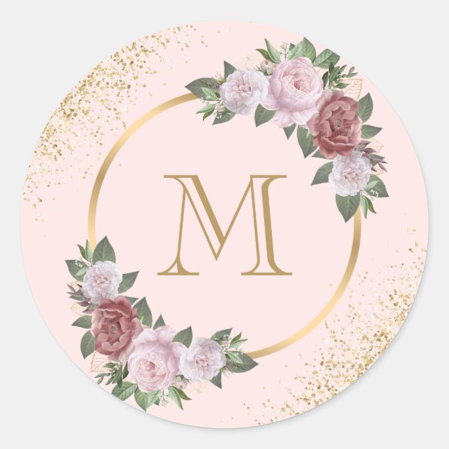 Sticker Rond Monogramme Confetti Floral Or Rose (Devant)