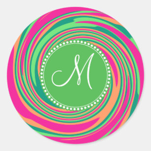 Sticker Rond Monogramme Coral Hot rose vert tourbillon
