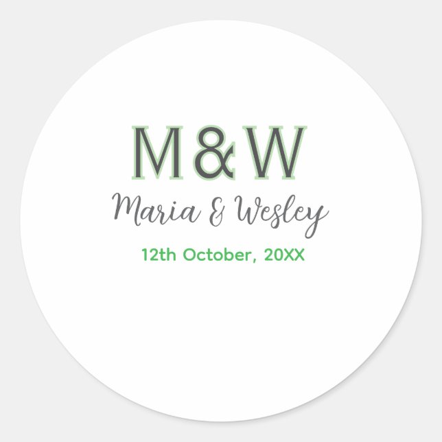 Sticker Rond Monogramme couple gris vert moderne romantique dat (Devant)