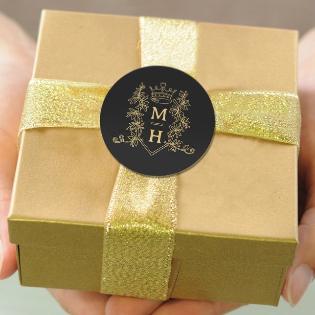 Sticker Rond Monogramme couronne crest or noir mariage (Créateur téléchargé)