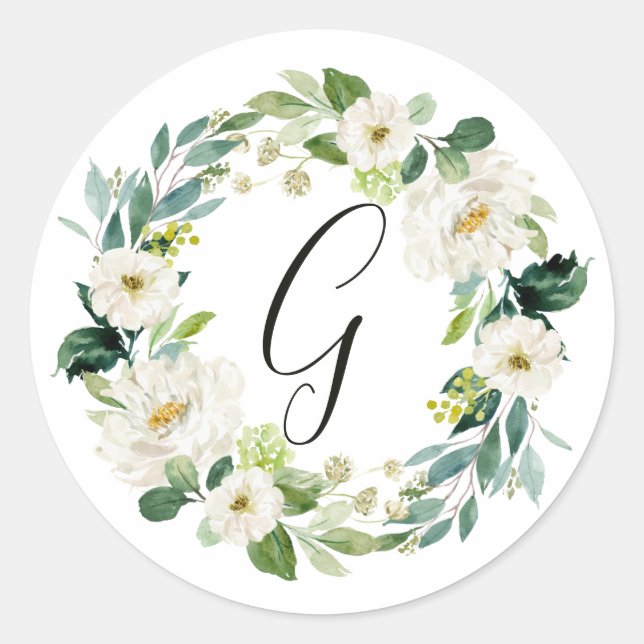Sticker Rond Monogramme Couronne Florale Blanche (Devant)