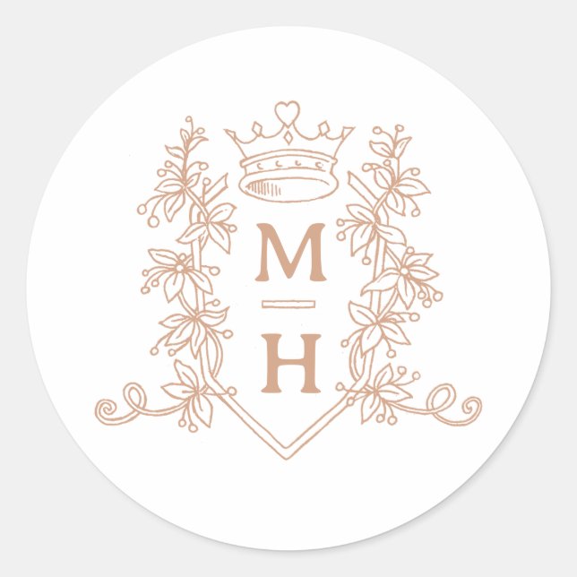 Sticker Rond Monogramme couronne rose or mariage (Devant)