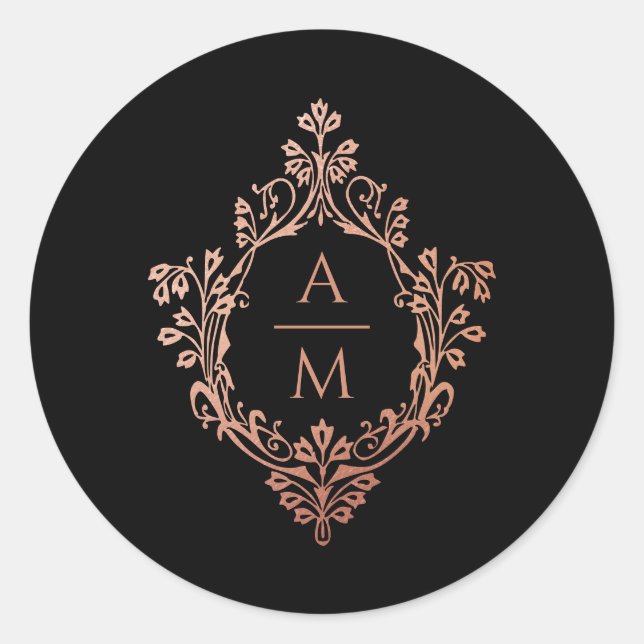 Sticker Rond Monogramme Crest Black Rose Rose Or Ornat Mariage (Devant)