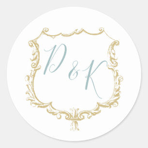 Sticker Rond Monogramme Crest Gold Dusty bleu Mariage