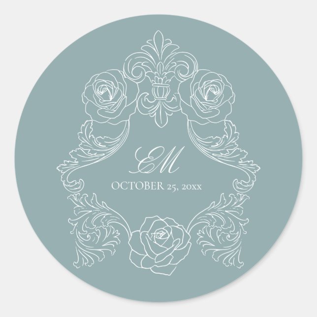 Sticker Rond Monogramme Crest Ornement Dusty Blue Mariage Logo (Devant)