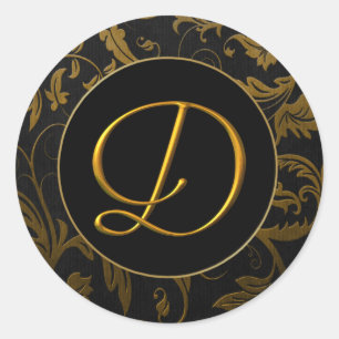 Sticker Rond Monogramme D Gold et Black Mariage damassé Seal