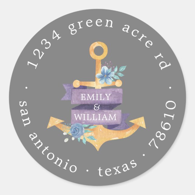 Sticker Rond monogramme d'adresse de retour en or à l'ancre flo (Devant)