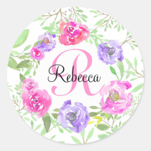 Sticker Rond Monogramme d'aquarelle florale de Peony rose