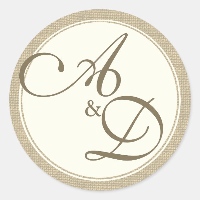 Sticker Rond Monogramme de burlap et d'ivoire (Devant)