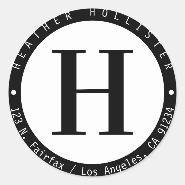 Sticker Rond Monogramme de cadre Cercle Noir & Blanc Adresse de (Devant)