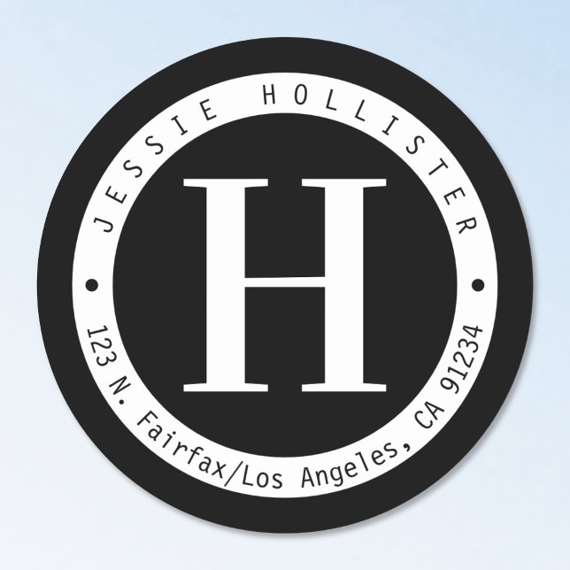 Sticker Rond Monogramme de cadre Cercle Noir & Blanc Adresse de (Créateur téléchargé)