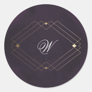 Sticker Rond Monogramme de calligraphie violette classique Gold