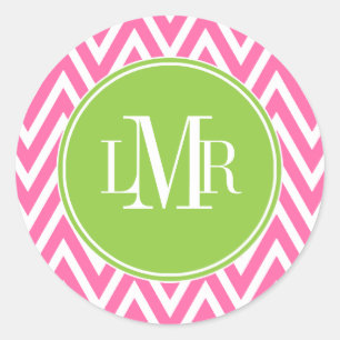 Sticker Rond Monogramme de Chevrons rose et vert