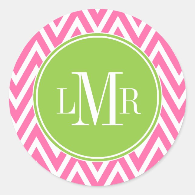 Sticker Rond Monogramme de Chevrons rose et vert (Devant)