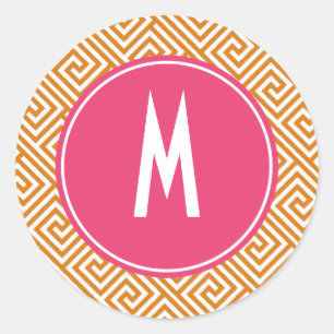 Sticker Rond Monogramme de clé grecque orange et rose chaud