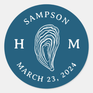 Sticker Rond Monogramme de coquille d'huître nautique avec date