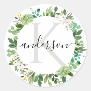 STICKER ROND MONOGRAMME DE COULEUR D'EAU VERT SUCCULENT WREATAT
