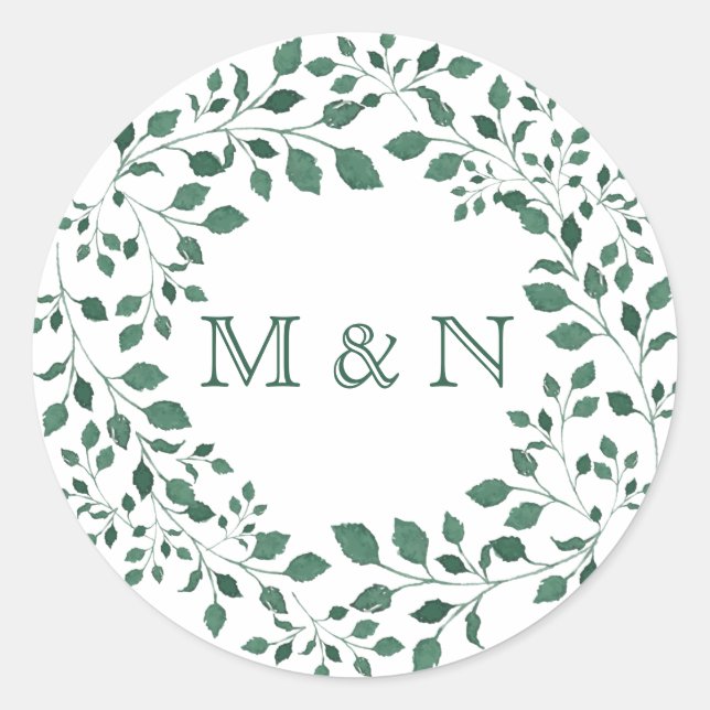Sticker Rond Monogramme de couronne d'aquarelle Feuille verte (Devant)