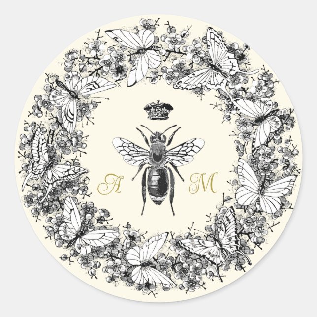 Sticker Rond Monogramme de couronne de papillon de la reine Vin (Devant)