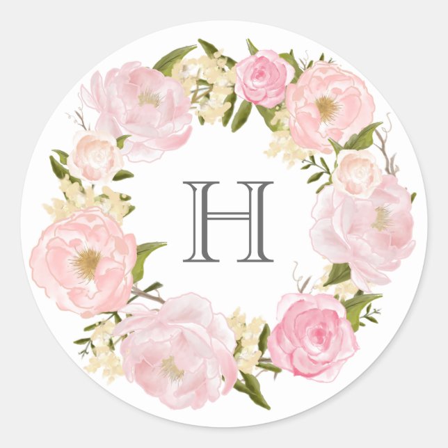 Sticker Rond Monogramme de couronne de pivoine rose (Devant)