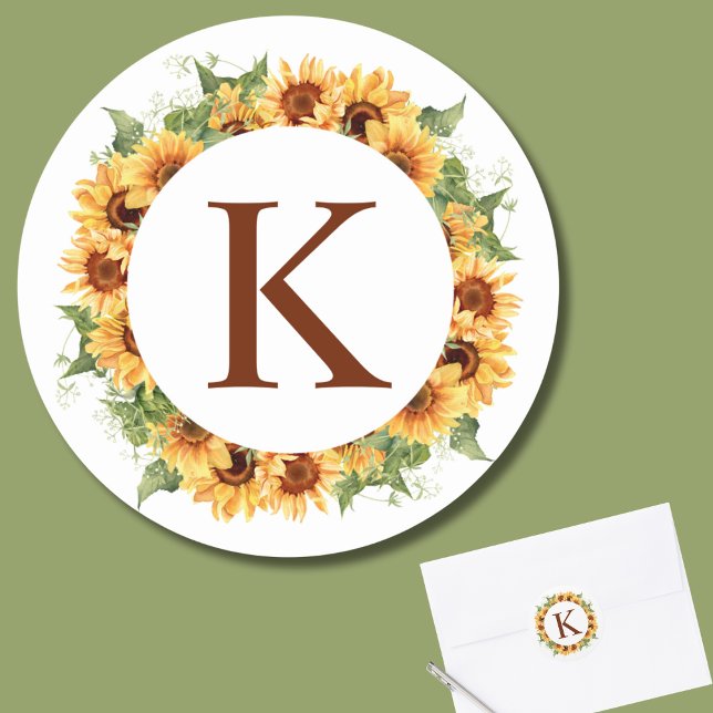 Sticker Rond Monogramme de couronne de tournesol (Créateur téléchargé)