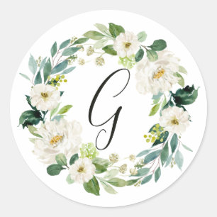 Sticker Rond Monogramme de couronne florale blanche