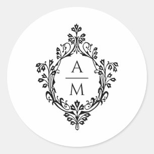 Sticker Rond Monogramme de crête Elegant Mariage noir et blanc