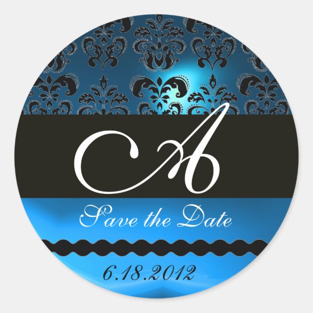 STICKER ROND MONOGRAMME DE DAMASK EN SAPHIRE NOIR ET BLEU, (Devant)