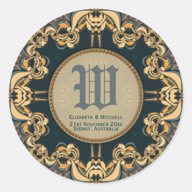Sticker Rond Monogramme de dentelle dorée turquoise Keepsaké Me (Devant)