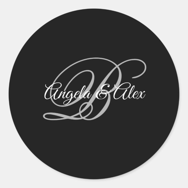 Sticker Rond Monogramme de fantaisie en noir gris et blanc (Devant)