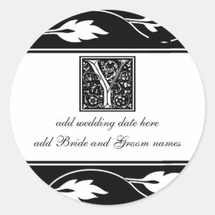 Sticker Rond Monogramme De Feuille Noire Et Blanche Y