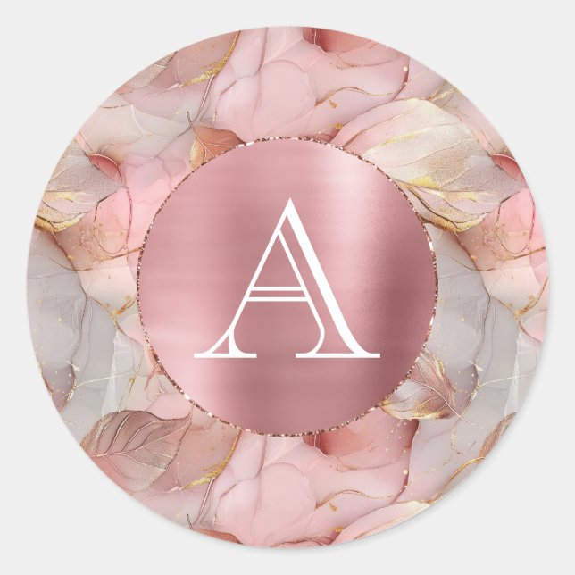 Sticker Rond Monogramme de Feuilles d'or rose pâle (Devant)