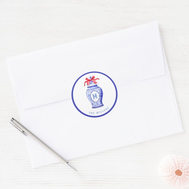 Sticker Rond Monogramme de gingembre | Bow rouge (Enveloppe)