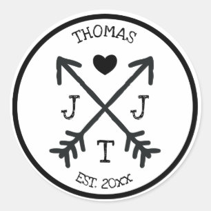 Sticker Rond Monogramme de la flèche cardiaque initiale rustiqu