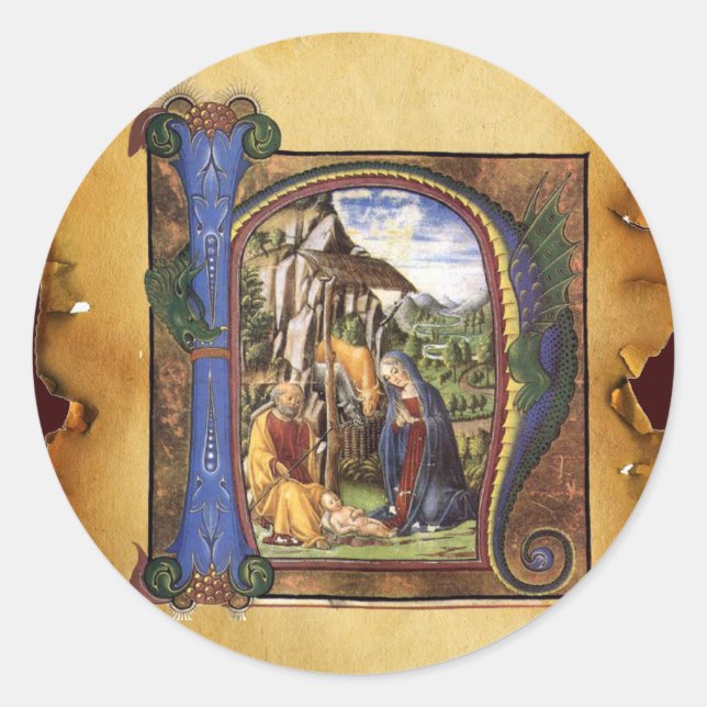 STICKER ROND MONOGRAMME DE LA NATIVITÉ PARCHEMENT DE NOËL (Devant)