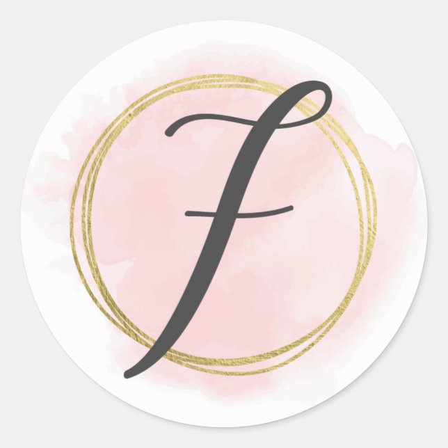 Sticker Rond Monogramme de lettre F rose blush aquarelle or chi (Devant)