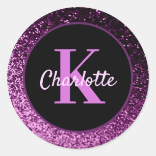 Sticker Rond Monogramme de luxe avec paillettes rose violet pou