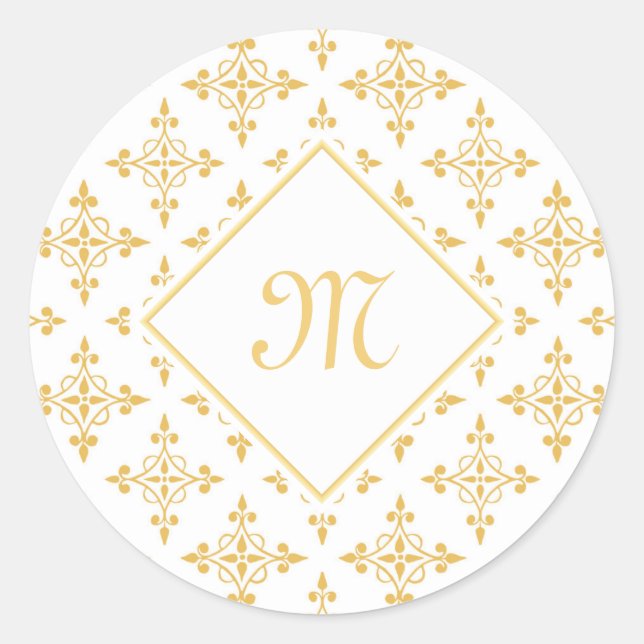 Sticker Rond Monogramme de luxe Blanc et or Quatre Floral (Devant)