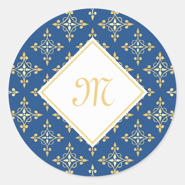 Sticker Rond Monogramme de luxe Blue et Gold Quatre Floral (Devant)