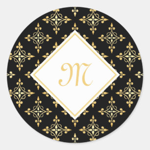 Sticker Rond Monogramme de luxe Noir et Or Quatre Floral