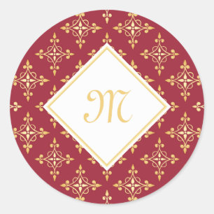 Sticker Rond Monogramme de luxe Rouge et Or Quatre Floral