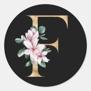 Sticker Rond Monogramme de magnolia floral en lettre F or