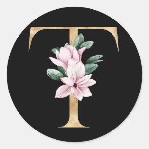 Sticker Rond Monogramme de magnolia floral en lettre T dorée
