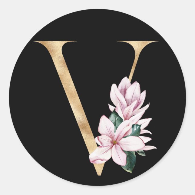 Sticker Rond Monogramme de magnolia floral en lettre V dorée (Devant)