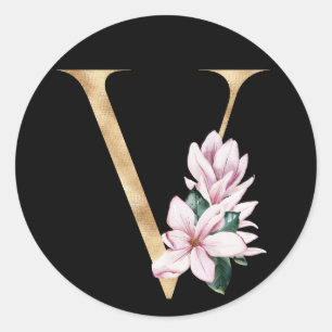 Sticker Rond Monogramme de magnolia floral en lettre V or