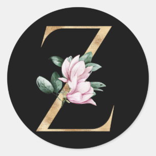 Sticker Rond Monogramme de magnolia floral en lettre Z dorée