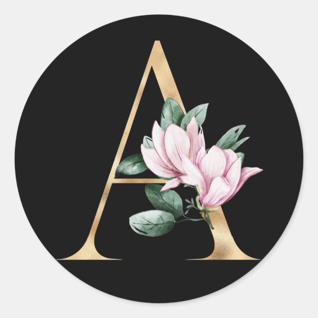 Sticker Rond Monogramme de magnolia floral en or (Devant)