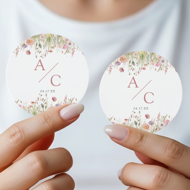 Sticker Rond Monogramme de mariage aux fleurs sauvages romantiq (Créateur téléchargé)